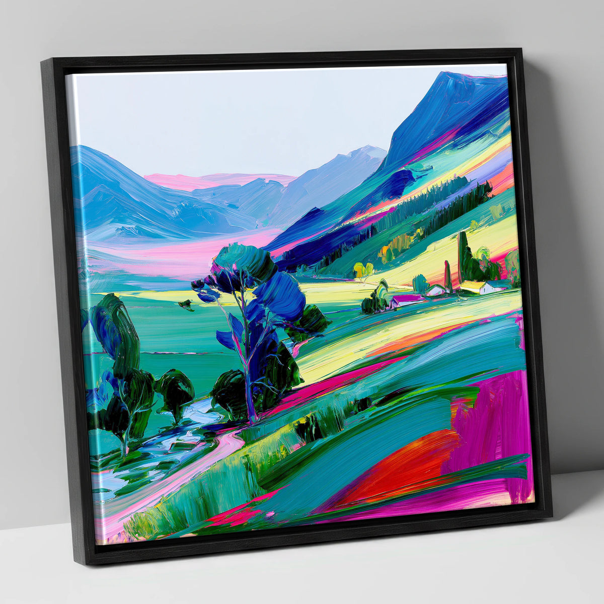 Vivid Morning Mist Valley lake district sky canvas wall art in black frame