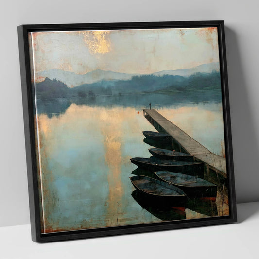 Windermere Jetty in Golden Light lake district lake canvas wall art in black frame