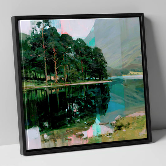 Buttermere Pines in Modern Light lake district lake canvas wall art in black frame
