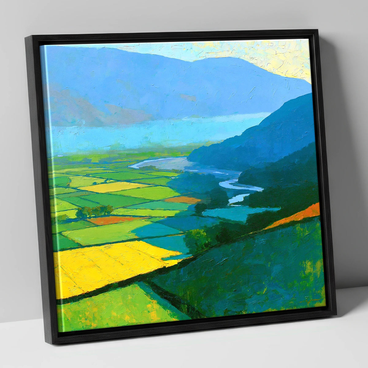 Sunlit Valley Fields and Winding River lake district sky canvas wall art in black frame