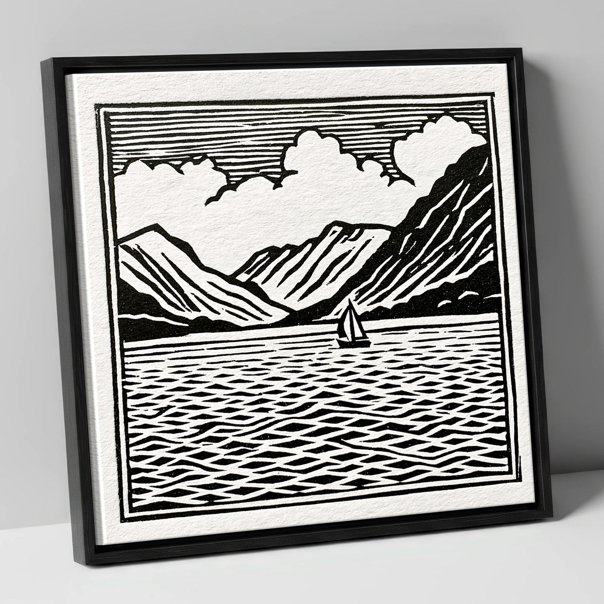 Black and White Ullswater Sailboat lake district lake canvas wall art in black frame