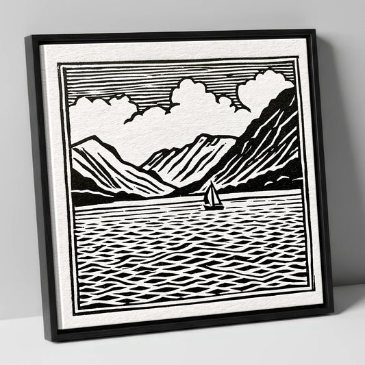 Black and White Ullswater Sailboat lake district lake canvas wall art in black frame
