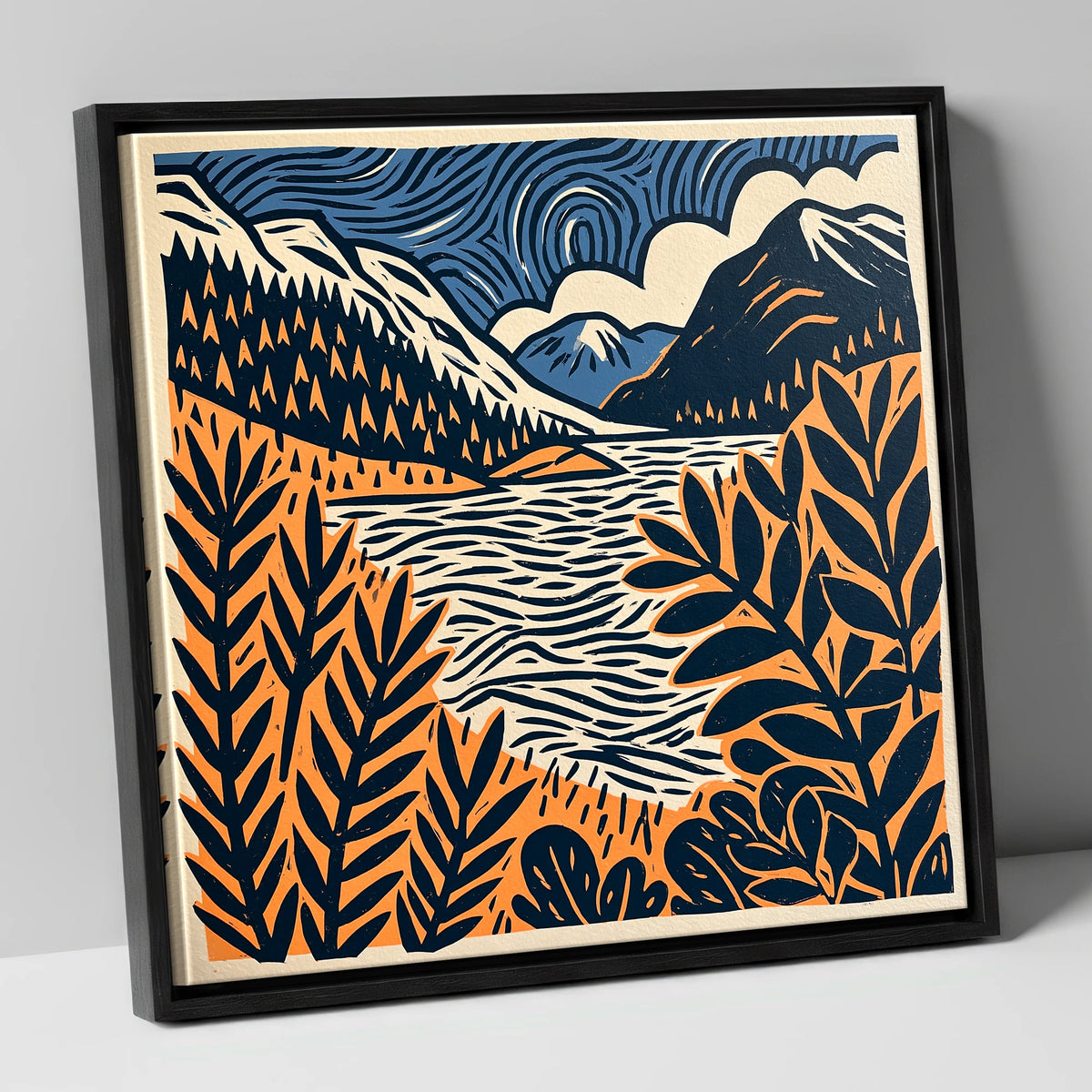 Navy and Terracotta Lake Dawn lake district lake canvas wall art in black frame