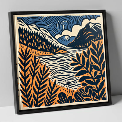Navy and Terracotta Lake Dawn lake district lake canvas wall art in black frame