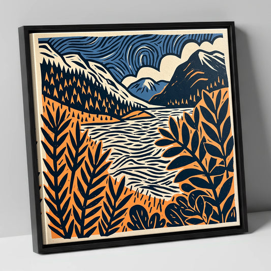Navy and Terracotta Lake Dawn lake district lake canvas wall art in black frame