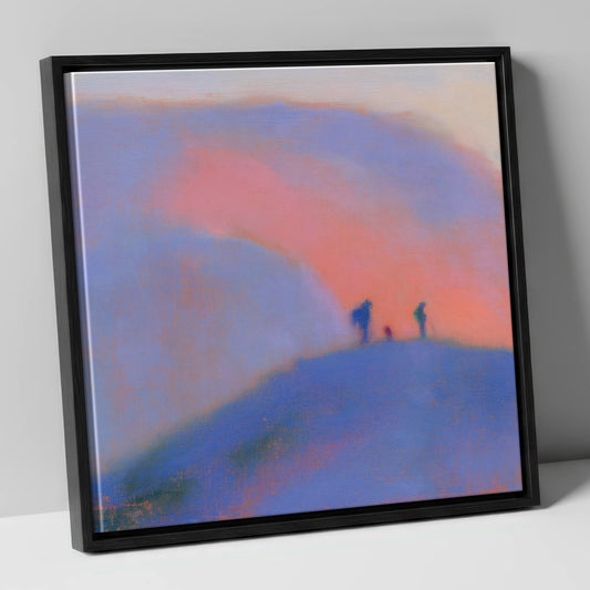 Hikers on a Twilight Fell lake district fell canvas wall art in black frame