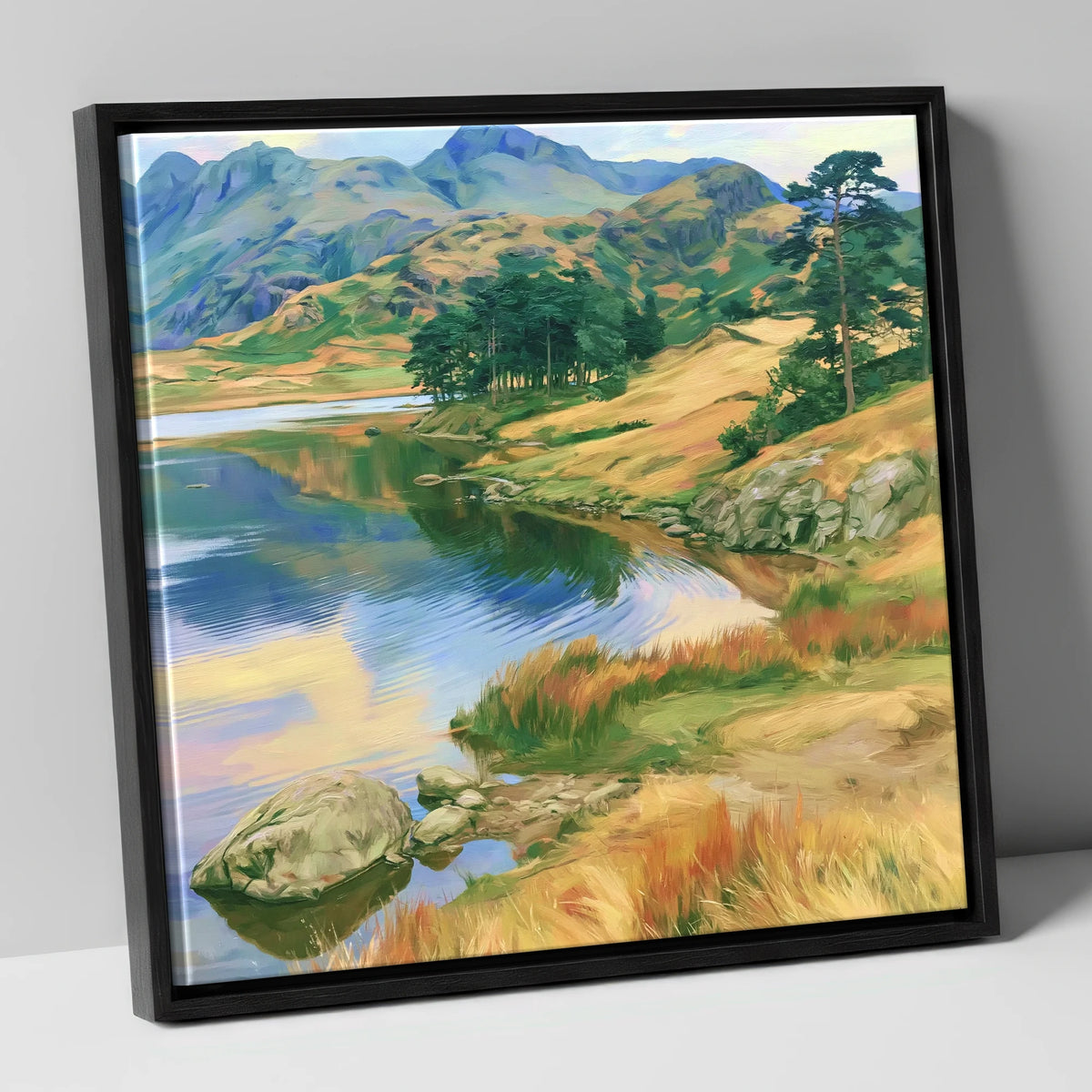 Pine Copse by the Fellside Lake lake district lake canvas wall art in black frame