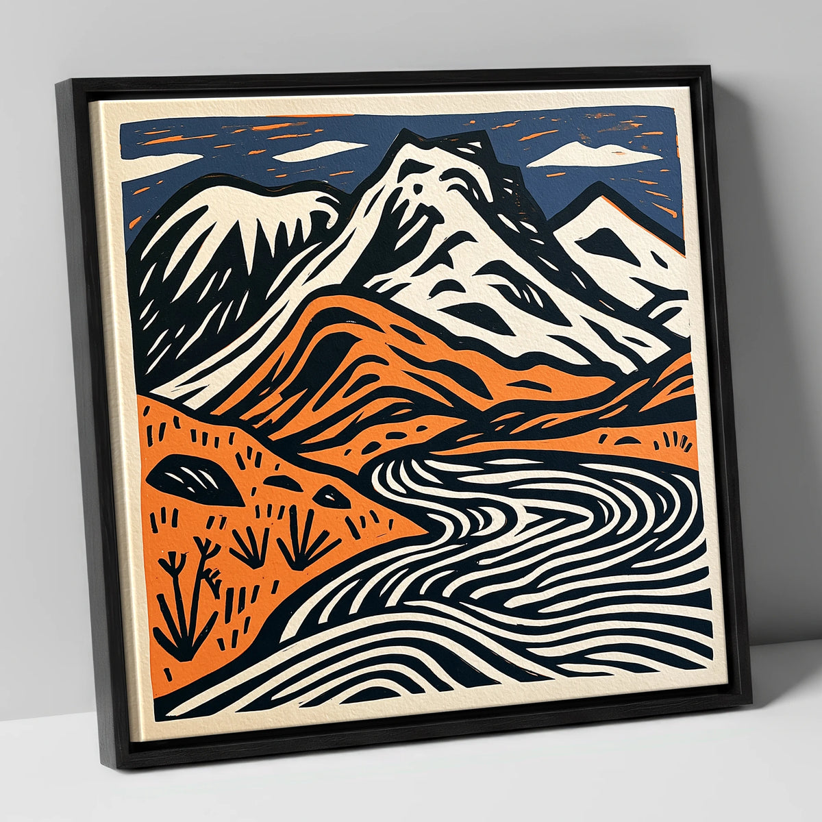 Bowfell in Navy and Terracotta lake district fell canvas wall art in black frame