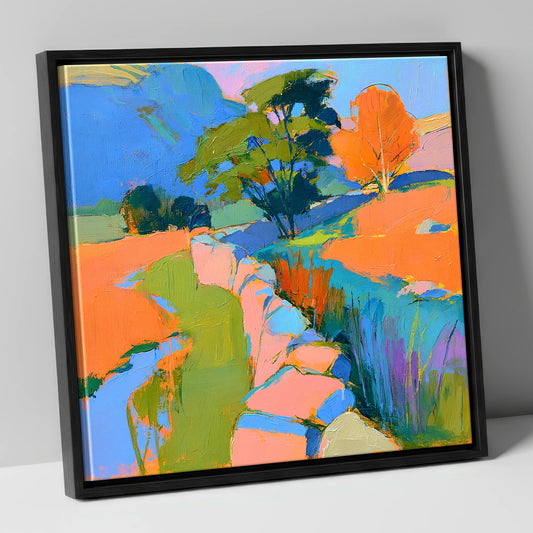 Colourful Drystone Wall Valley Scene lake district valley canvas wall art in black frame