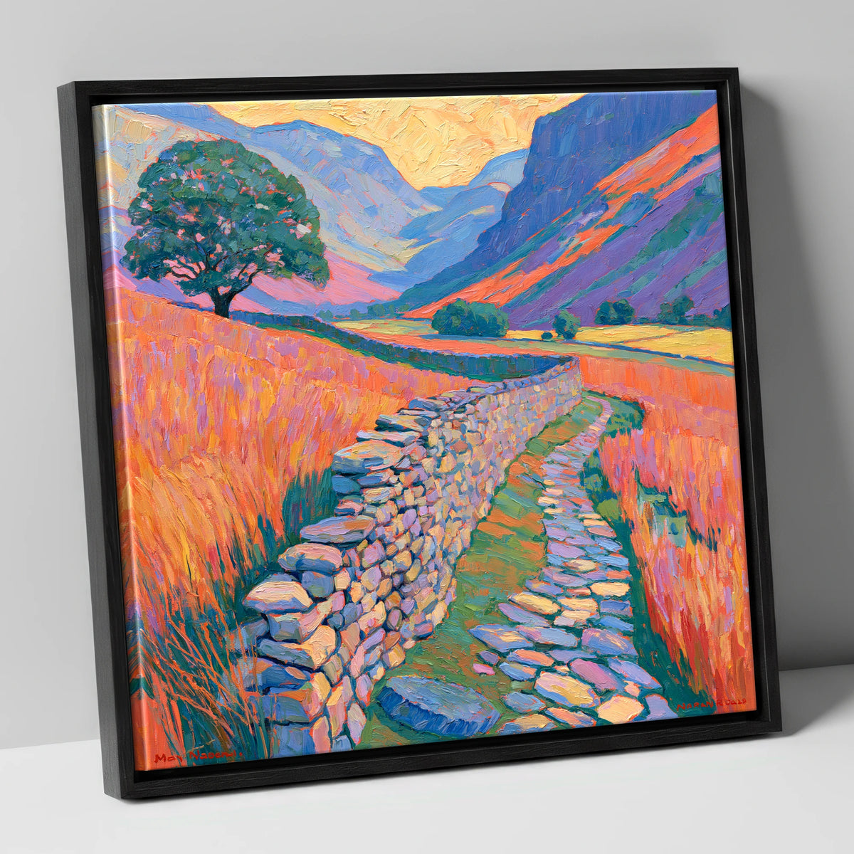 Drystone Wall Through Golden Valley lake district valley canvas wall art in black frame