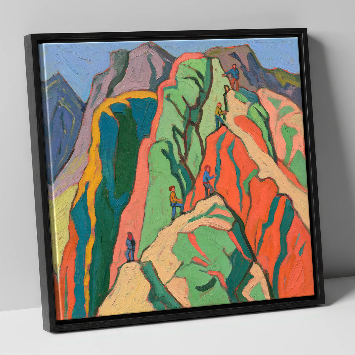 Climbers on a Vivid Crag lake district walking canvas wall art in black frame