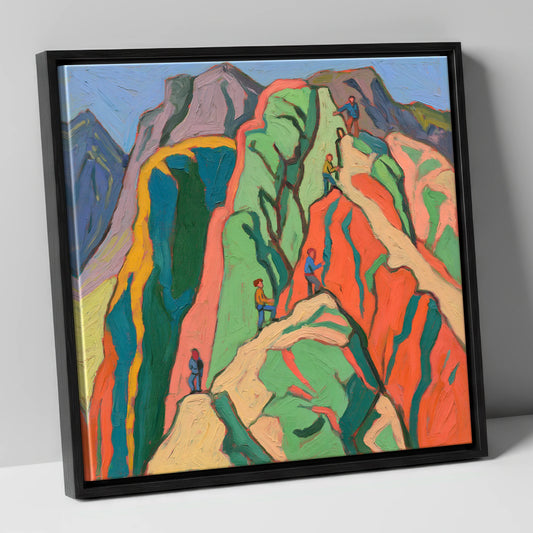 Climbers on a Vivid Crag lake district walking canvas wall art in black frame