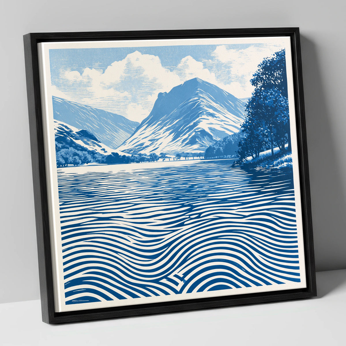 Buttermere in Cobalt Blue lake district lake canvas wall art in black frame