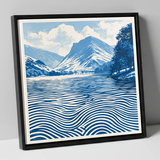 Buttermere in Cobalt Blue lake district lake canvas wall art in black frame