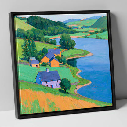Vivid Lakeside Village and Fells lake district village canvas wall art in black frame