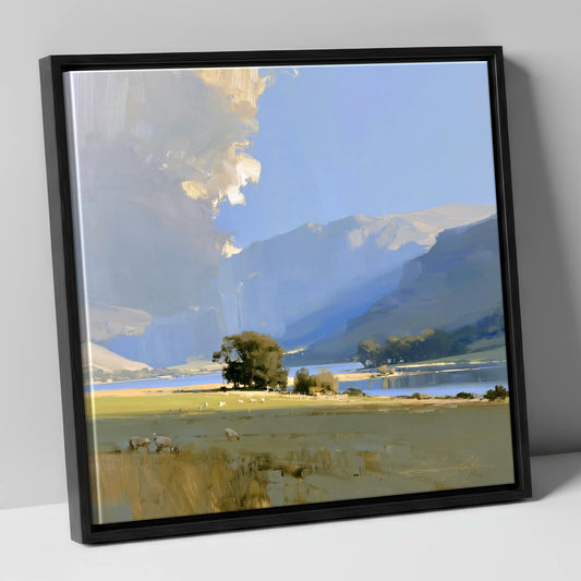 Sunlit Valley Beneath Blue Fells lake district valley canvas wall art in black frame