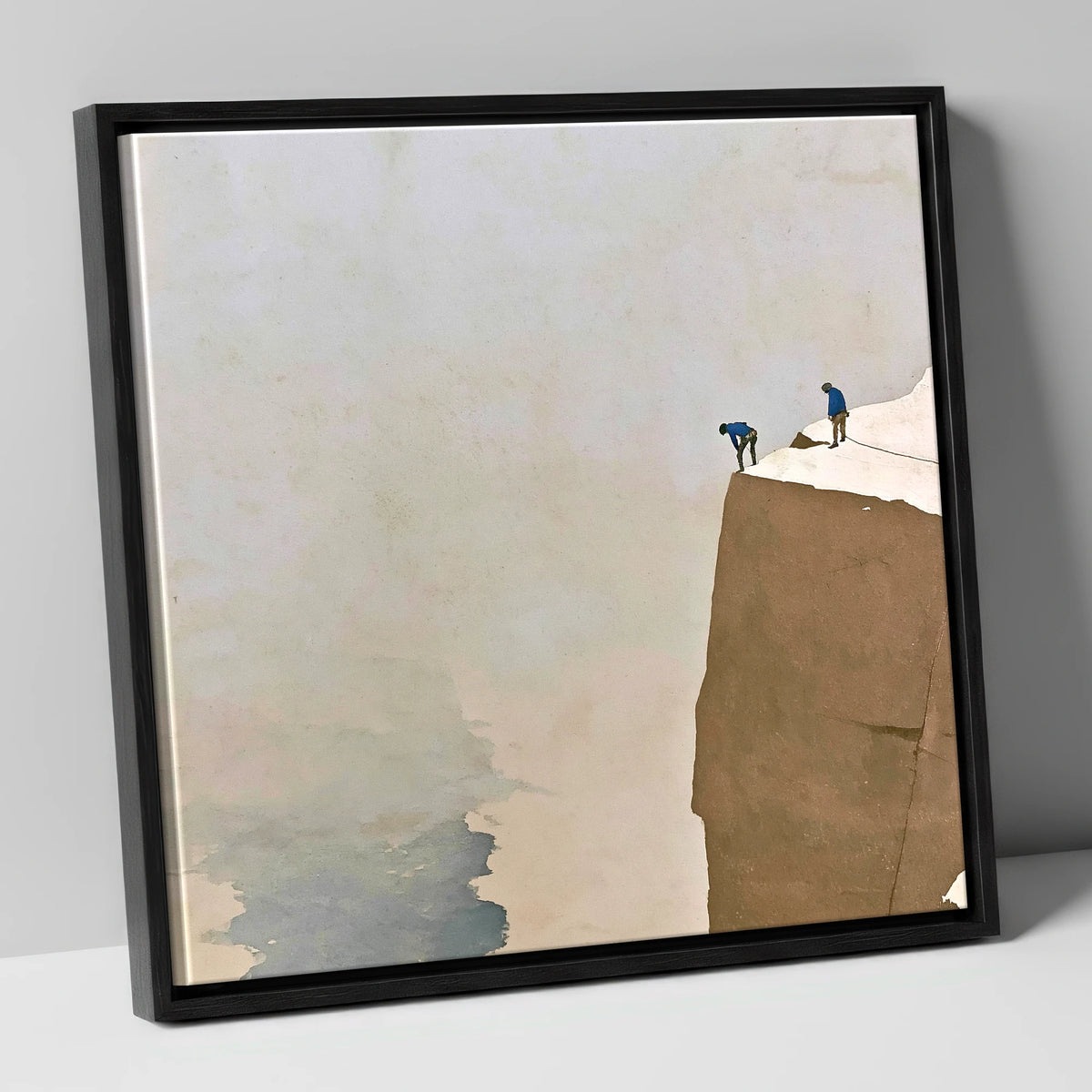 Climbers on a High Snowy Ledge lake district walking canvas wall art in black frame