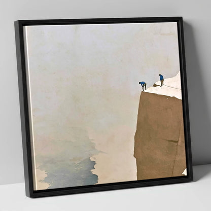 Climbers on a High Snowy Ledge lake district walking canvas wall art in black frame