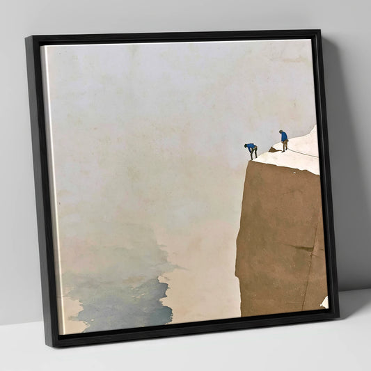 Climbers on a High Snowy Ledge lake district walking canvas wall art in black frame
