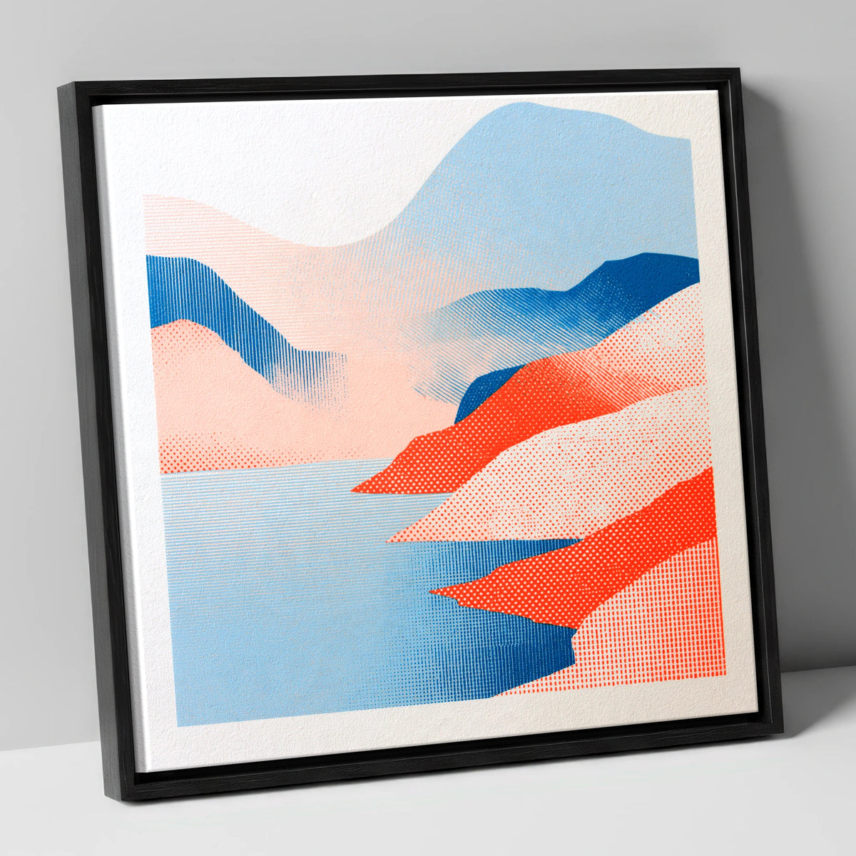 Graphic Buttermere in Coral and Blue lake district lake canvas wall art in black frame