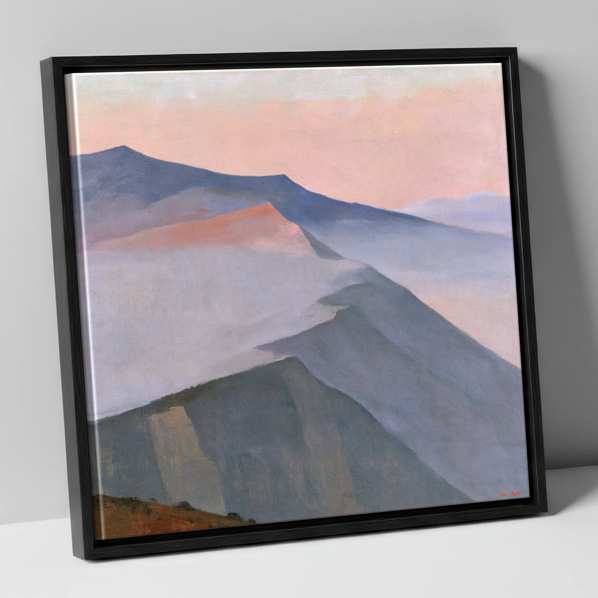 Pastel Mountain Ridge in Mist lake district fell canvas wall art in black frame
