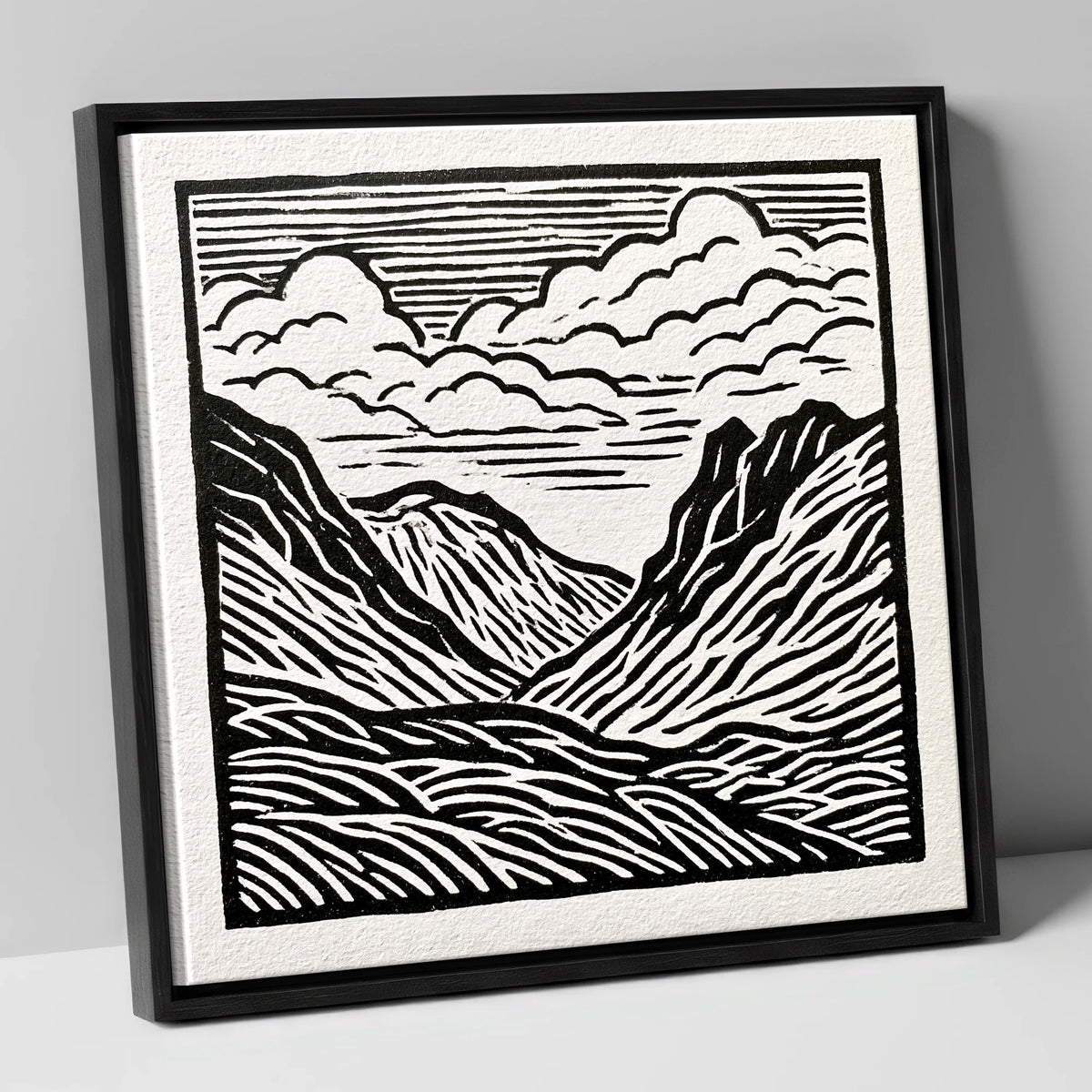 Monochrome Great Langdale Valley lake district valley canvas wall art in black frame