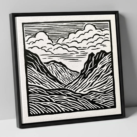Monochrome Great Langdale Valley lake district valley canvas wall art in black frame