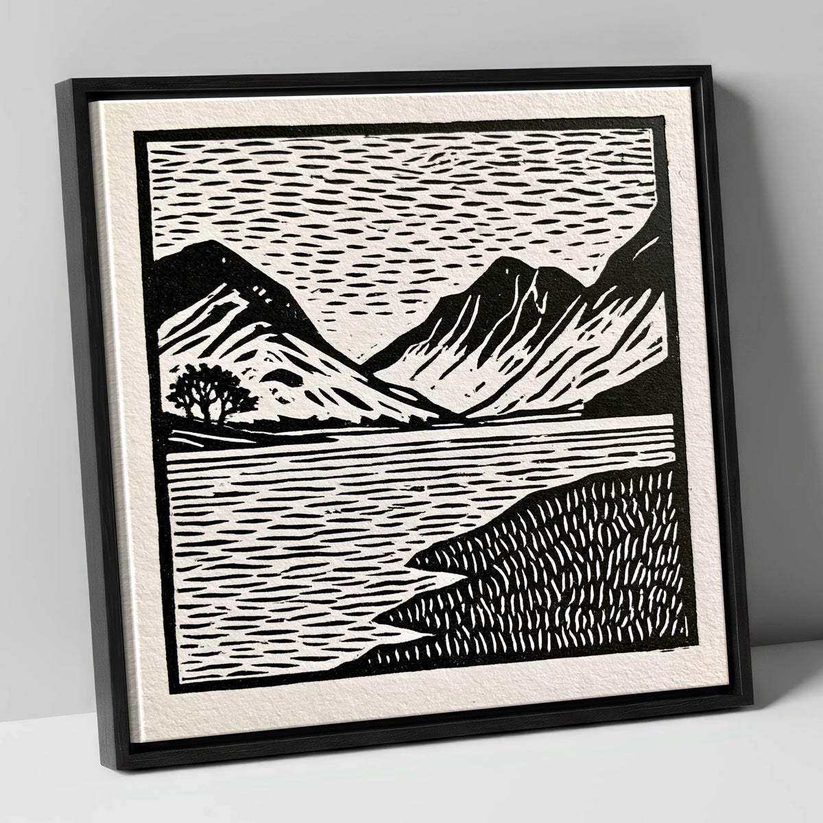 Black and White Buttermere Fells lake district lake canvas wall art in black frame