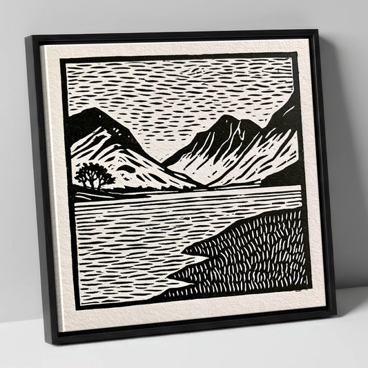 Black and White Buttermere Fells lake district lake canvas wall art in black frame