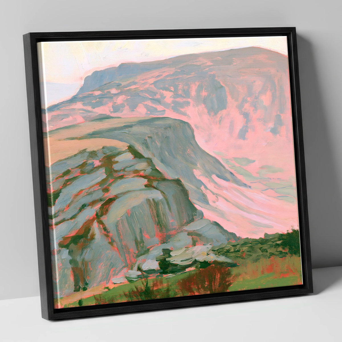 Pastel Pink Mountain Ridge lake district fell canvas wall art in black frame