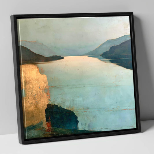 Distant Golden Light on Ullswater lake district lake canvas wall art in black frame