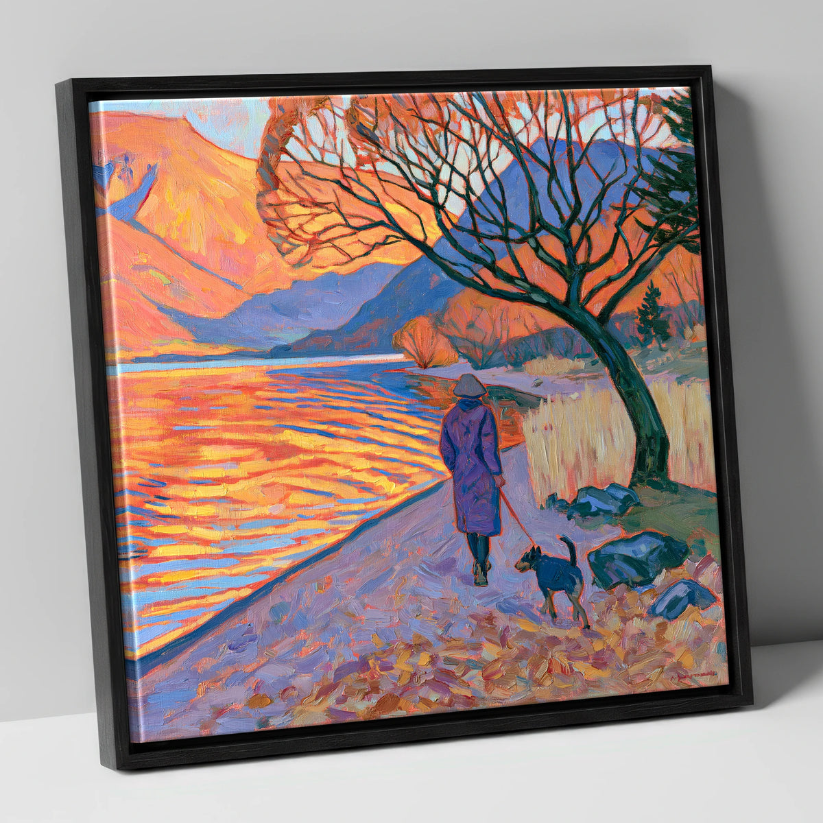 Sunset Dog Walk at Ullswater gifts for dog walkers canvas wall art in black frame