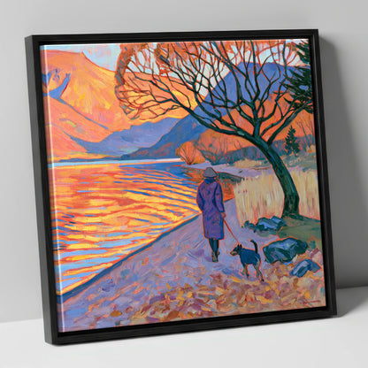 Sunset Dog Walk at Ullswater gifts for dog walkers canvas wall art in black frame
