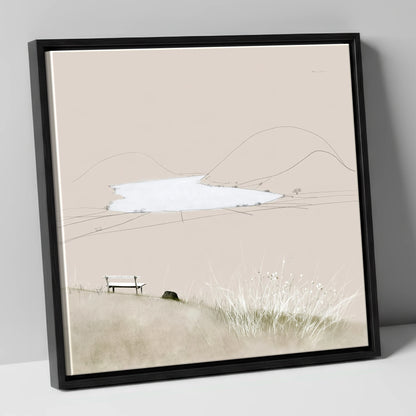 Loweswater Bench in Neutral Tones lake district lake canvas wall art in black frame