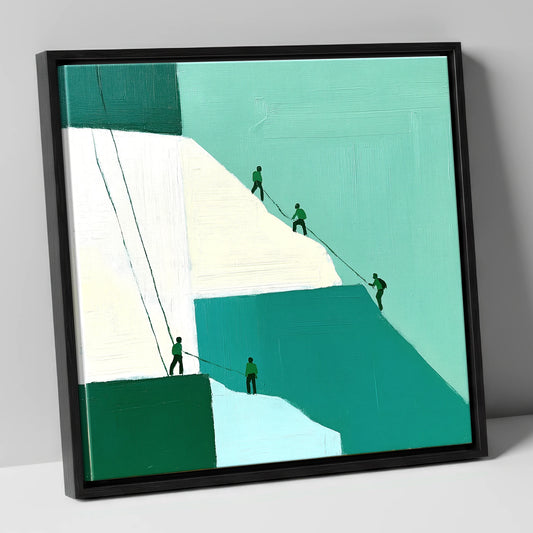 Climbers on a Teal Crag lake district walking canvas wall art in black frame
