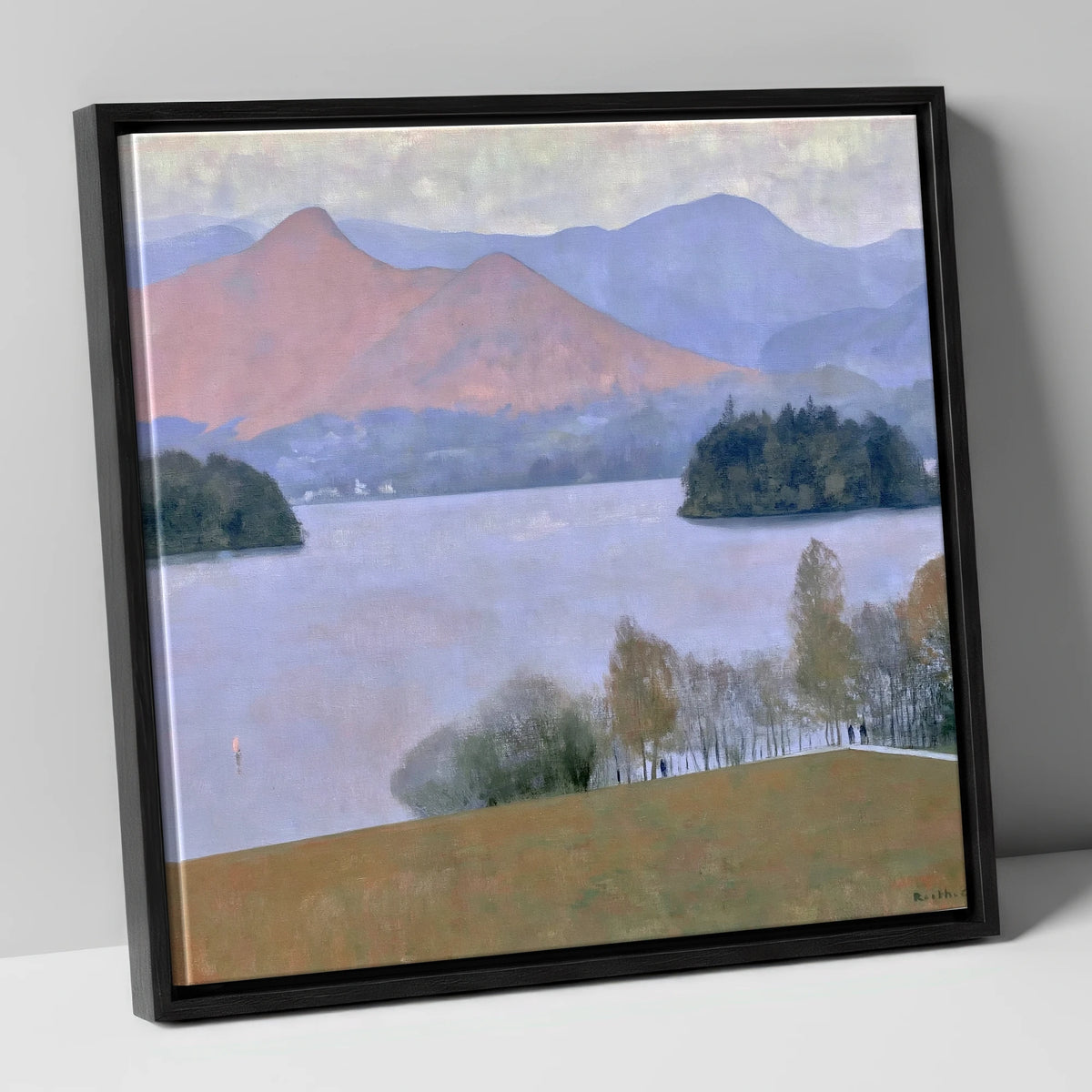 Derwentwater Dusk from Crow Park lake district village canvas wall art in black frame