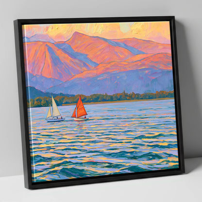 Sailing Windermere Under Purple Fells lake district lake canvas wall art in black frame