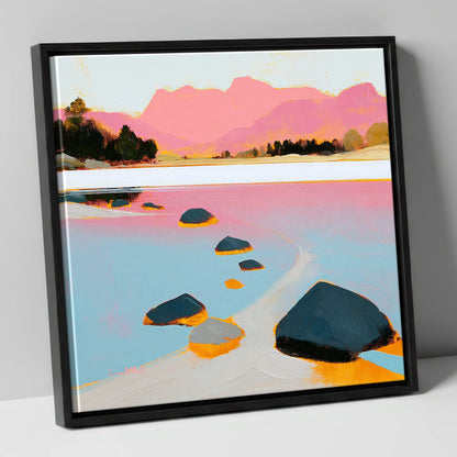 Elterwater Rocks and Pink Fells lake district lake canvas wall art in black frame