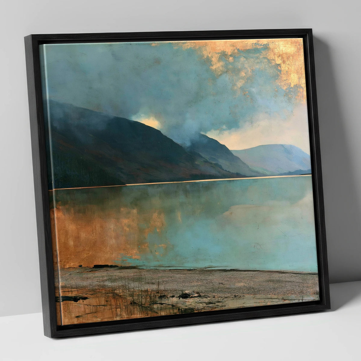 Golden Break Over Crummock Water lake district lake canvas wall art in black frame