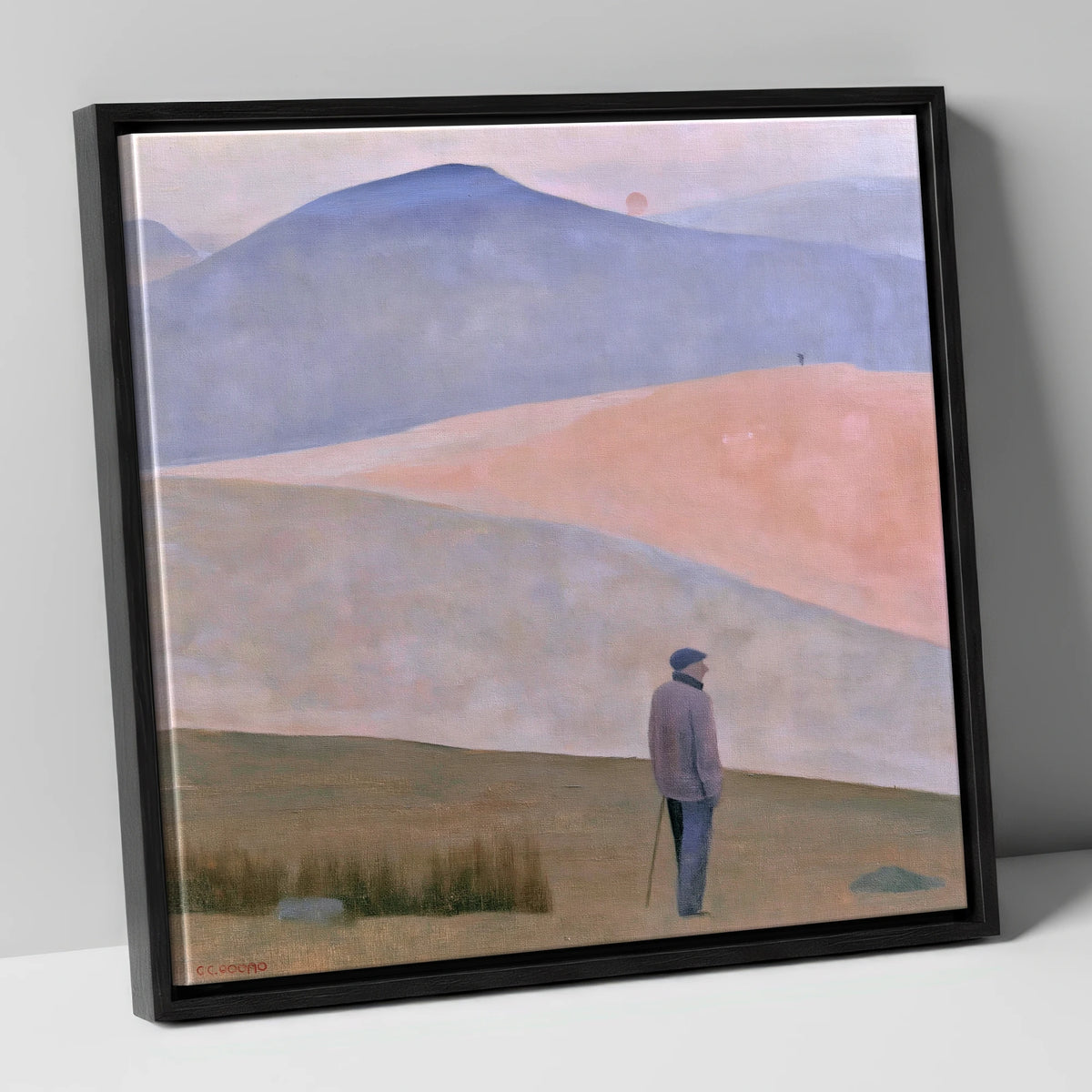 Lone Fell Walker at Dusk lake district walking canvas wall art in black frame