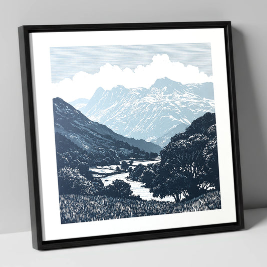 Great Langdale Slate Blue Fells lake district valley canvas wall art in black frame