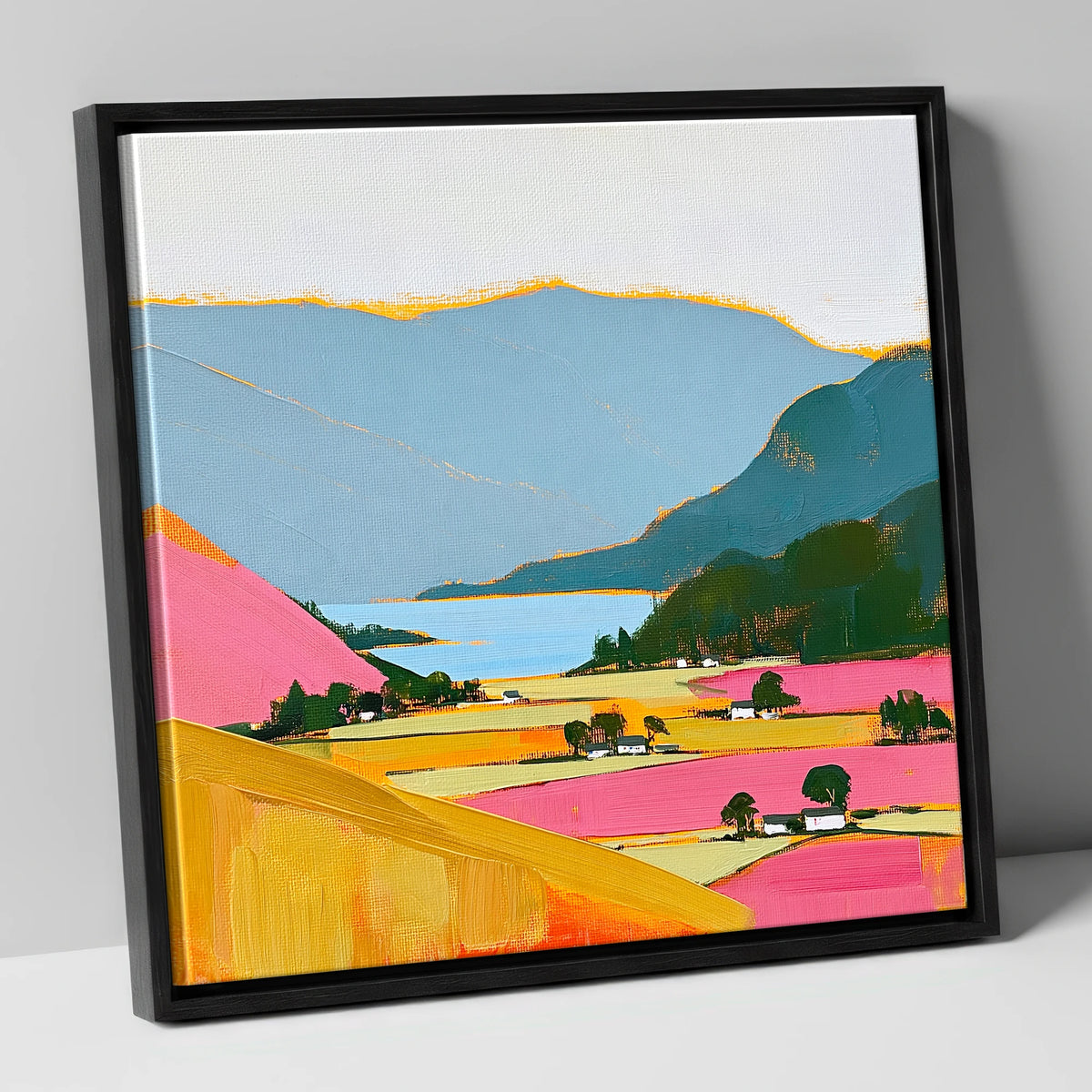 Patterdale Valley in Bold Colour lake district village canvas wall art in black frame