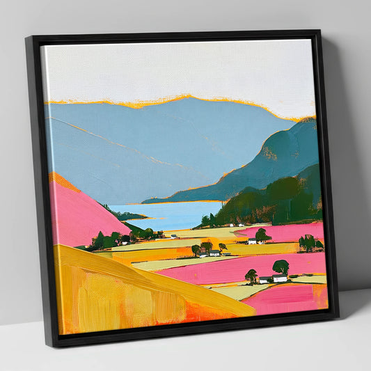 Patterdale Valley in Bold Colour lake district village canvas wall art in black frame