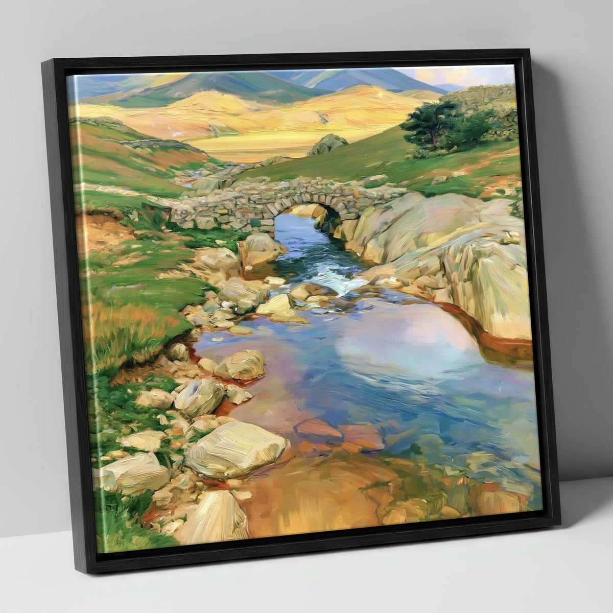 Stone Bridge Beneath Golden Fells lake district waterfall canvas wall art in black frame