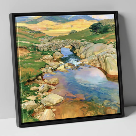 Stone Bridge Beneath Golden Fells lake district waterfall canvas wall art in black frame