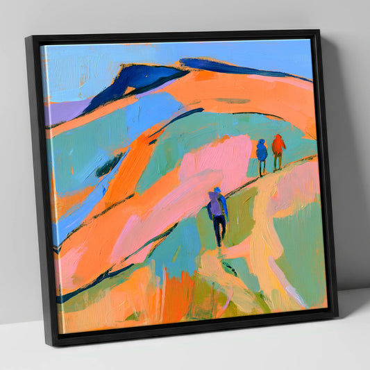 Orange and Blue Fell Hikers lake district fell canvas wall art in black frame