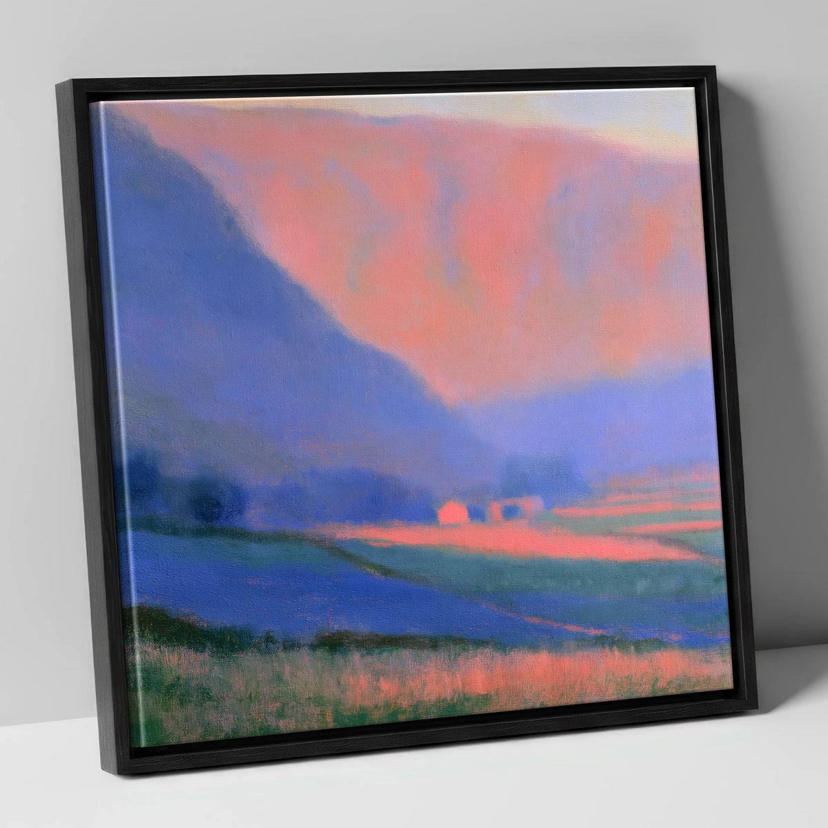 Pink Light on Patchwork Fields lake district valley canvas wall art in black frame