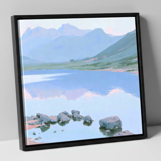Pastel Morning at Blea Tarn lake district valley canvas wall art in black frame