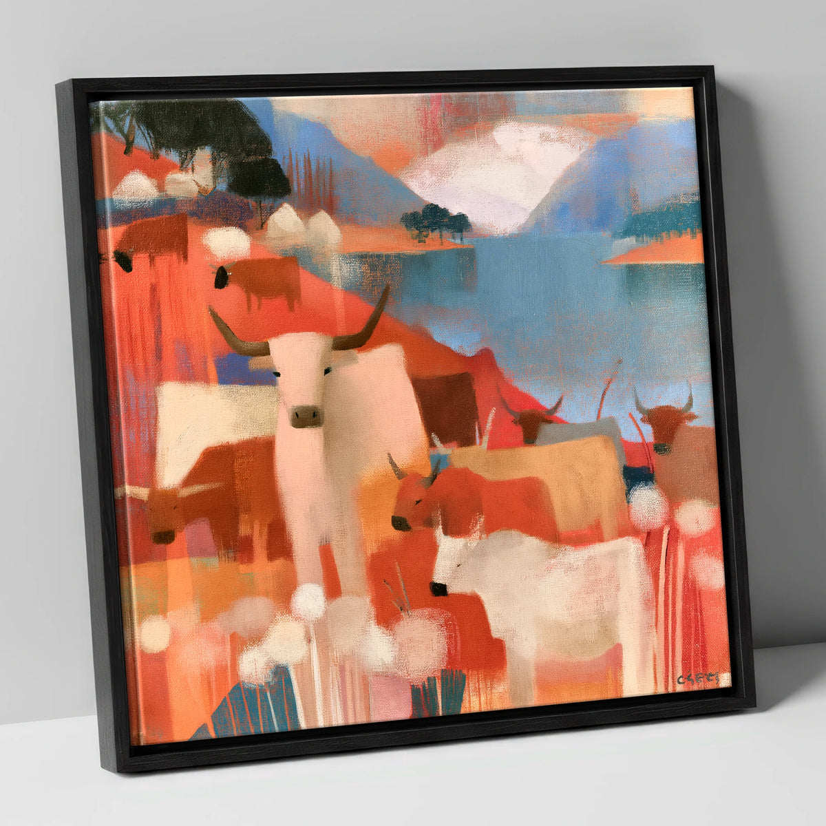Coral Fells and Highland Cattle lake district wildlife canvas wall art in black frame