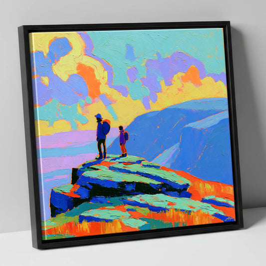 Hikers on a Vibrant Fell Summit lake district fell canvas wall art in black frame